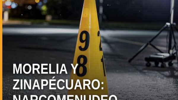Imagen ilustrativa de edificio institucional de la Fiscalía General del Estado de Michoacán con texto: narcomenudeo morelia