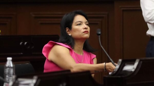 Diputada Eréndira Isauro Hernández en sesión legislativa de Michoacán, junto a documento sobre fondo de apoyo artesanos