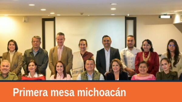 Grupo de personas reunidas en una sala con letreros de 'mesa de trabajo michoacán' y nombres de participantes