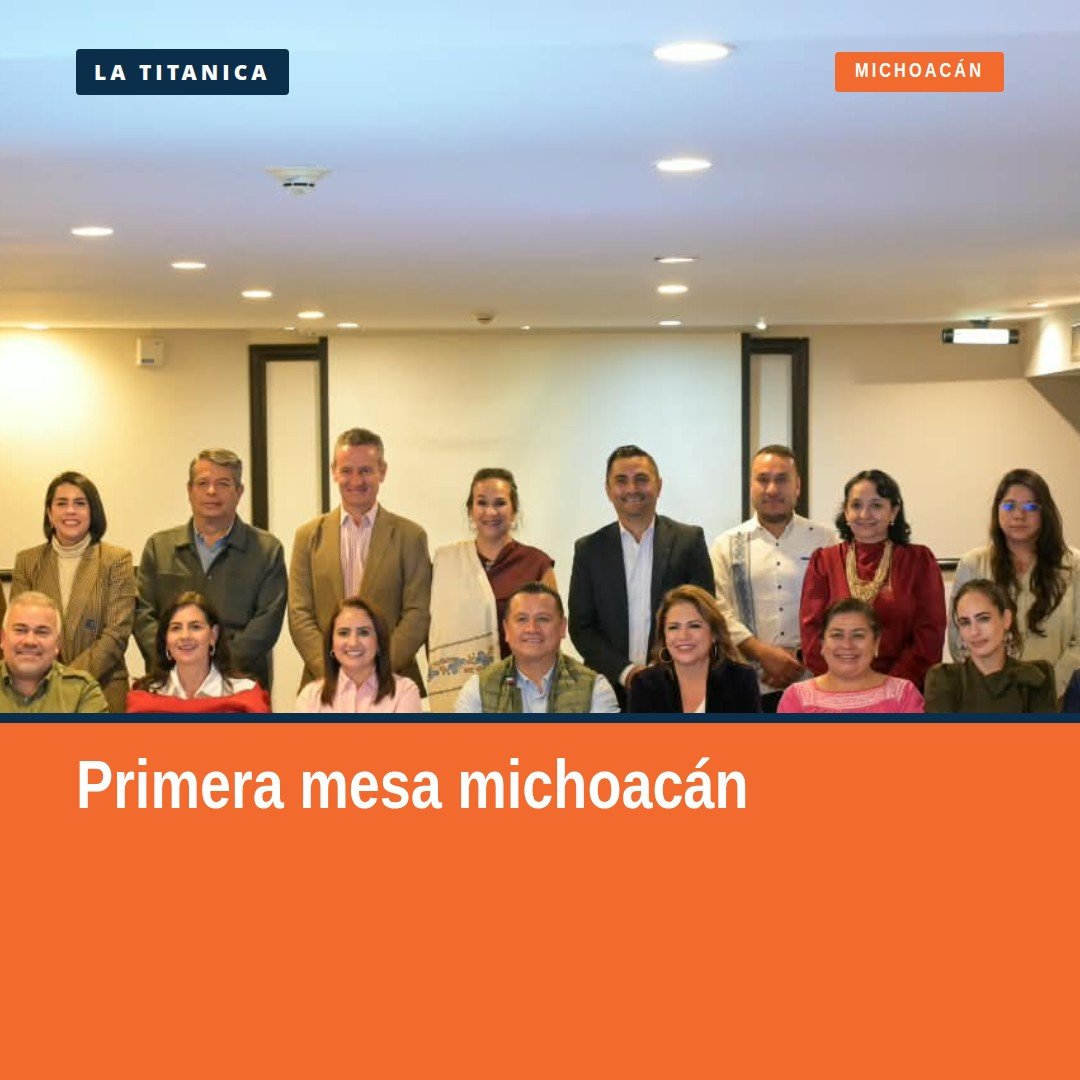 Grupo de personas reunidas en una sala con letreros de 'mesa de trabajo michoacán' y nombres de participantes