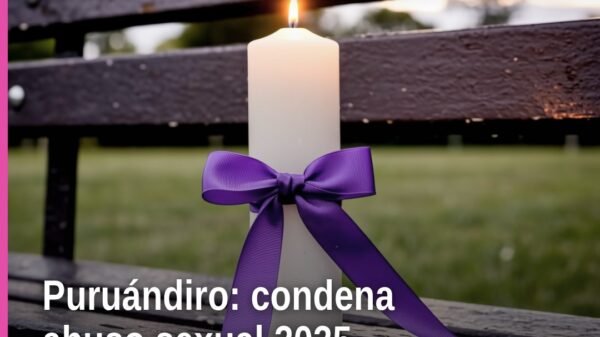 Ilustración simbólica de justicia con enfoque en Puruándiro: balanza y silueta de edificio judicial, sin rostros. abuso