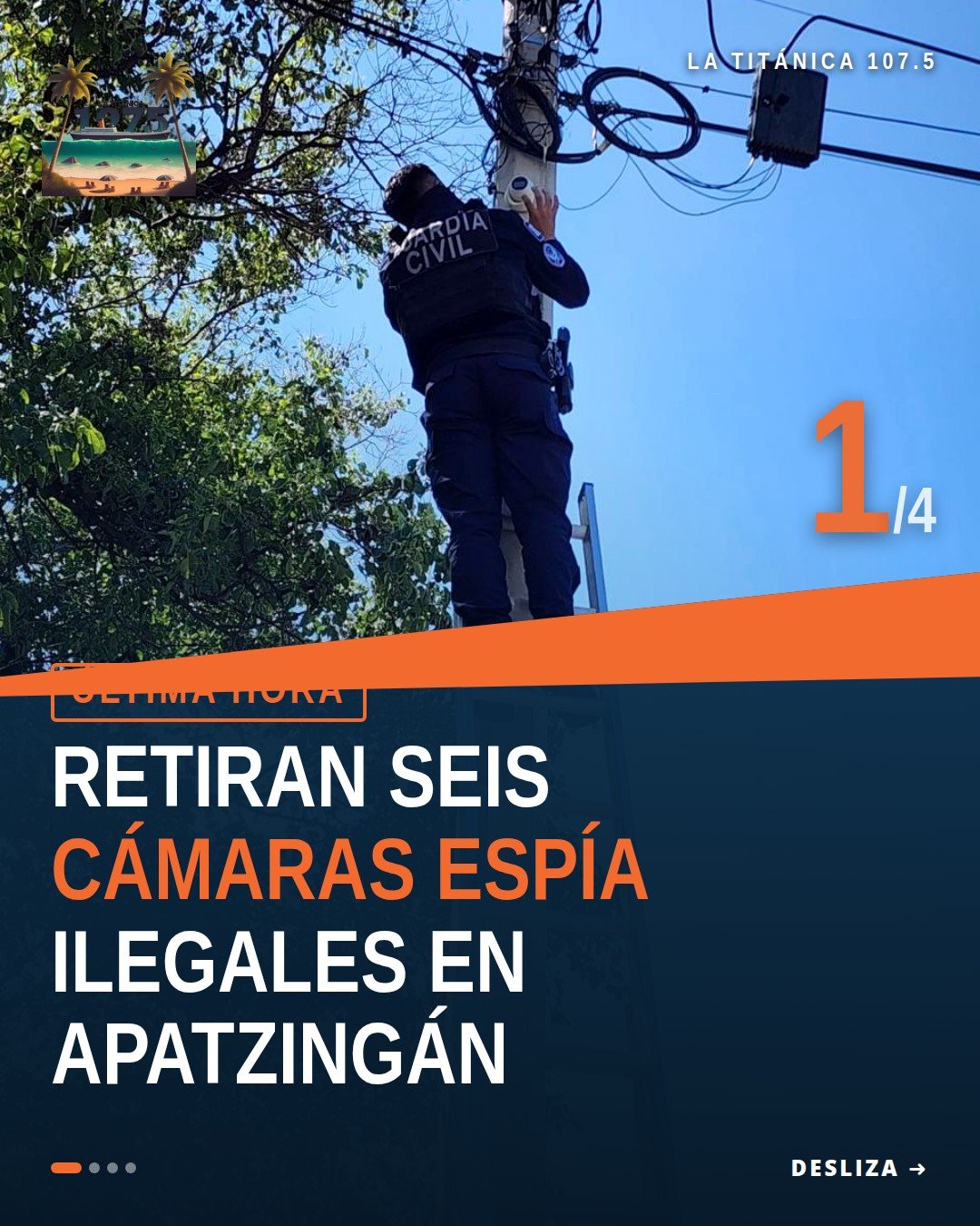 Fiscalía Michoacán retirando cámaras parásitas apatzingán instaladas en poste de energía eléctrica en zona urbana