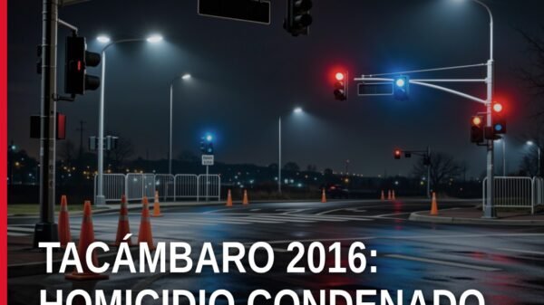 Imagen simbólica de una balanza de justicia sobre fondo con mapa de Tacámbaro, Michoacán, acompañada de las palabras