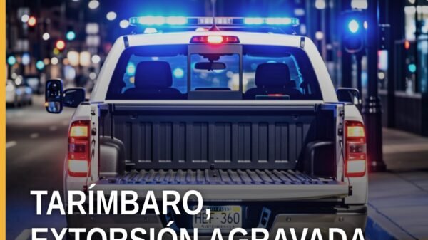 Ilustración sobria de una balanza y un documento judicial con los textos 'extorsión agravada tarímbaro' y 'FGE Michoacán'