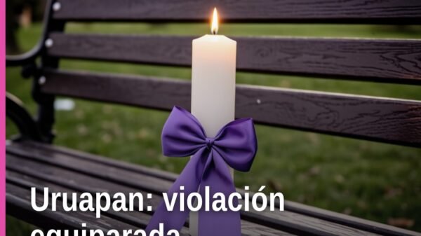Ilustración sobria de balanza de justicia con fondo que sugiere Uruapan; representa la vinculación a proceso por violación