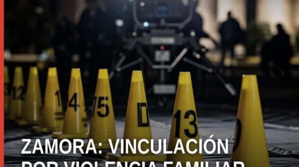 Imagen simbólica de balanza y edificio de justicia en Zamora, con texto 'violencia familiar zamora'